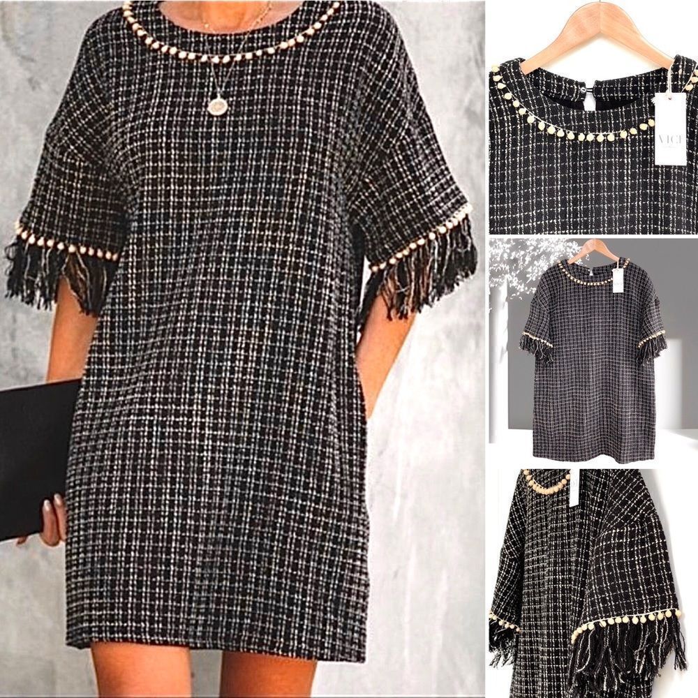 NWT VICI Marleen Tweed Pom Pom Tunic Dress Short Sleeves Side Pockets